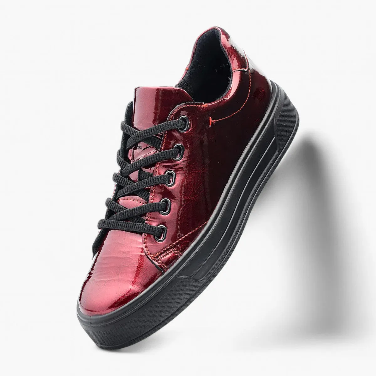 Ara Red Patent Trainer Style Shoe with Black Laces & Platform Sole - Wide Fit, Comfort Focused