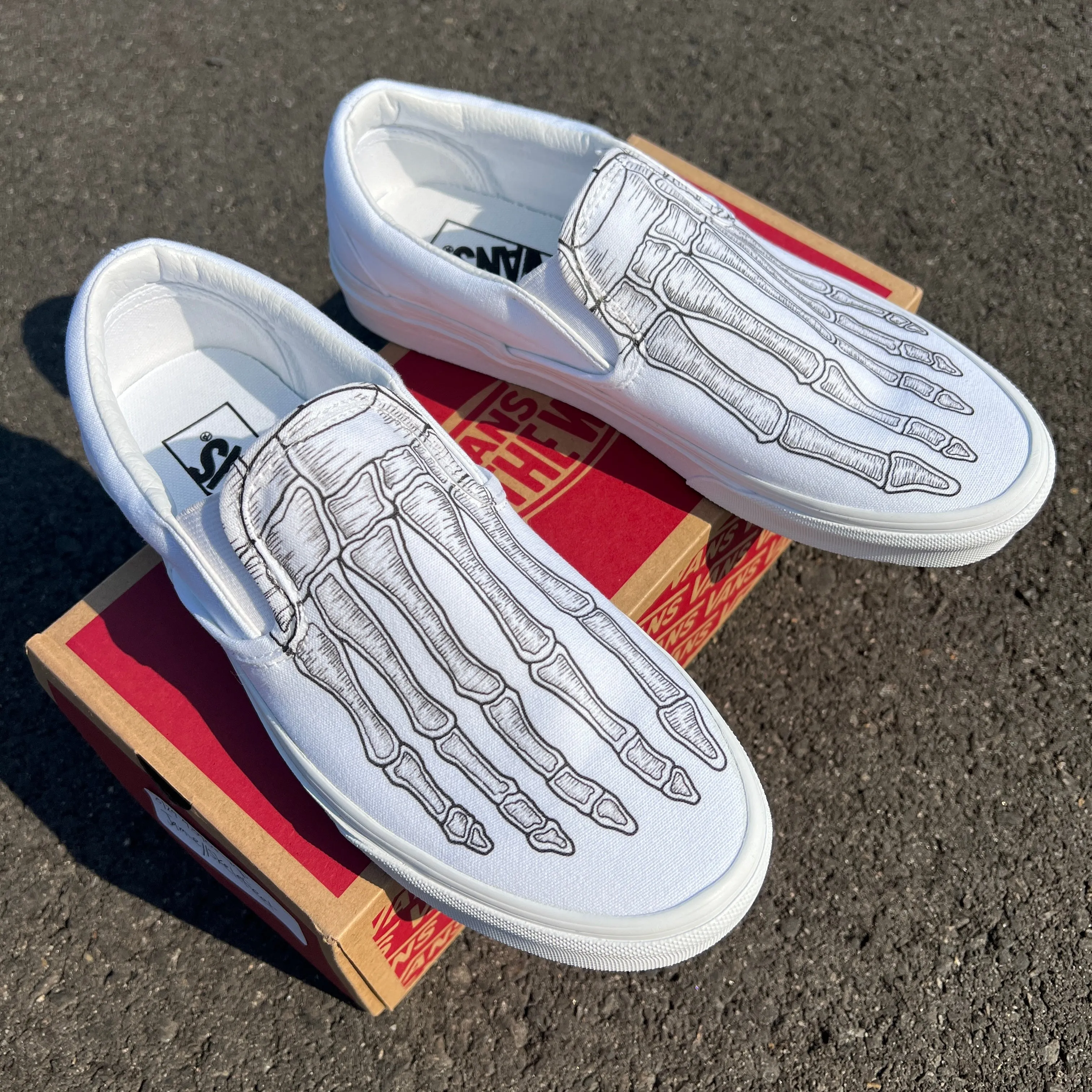 Custom Skeleton Feet X-Ray Vans White Slip Ons - Custom Vans Shoes