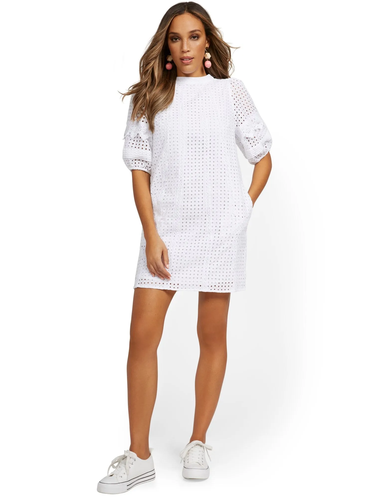 Eyelet Puff Sleeve Shift Dress - Lily & Cali