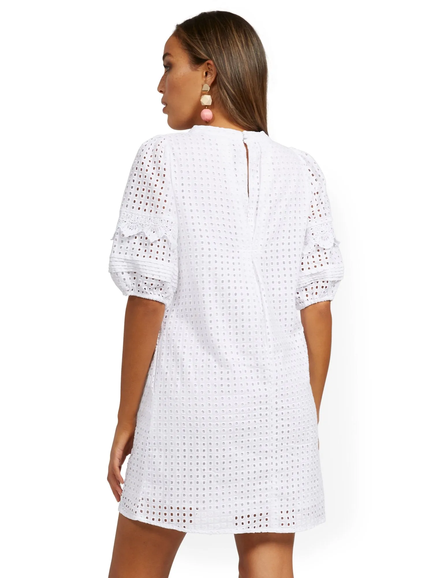 Eyelet Puff Sleeve Shift Dress - Lily & Cali