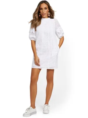 Eyelet Puff Sleeve Shift Dress - Lily & Cali