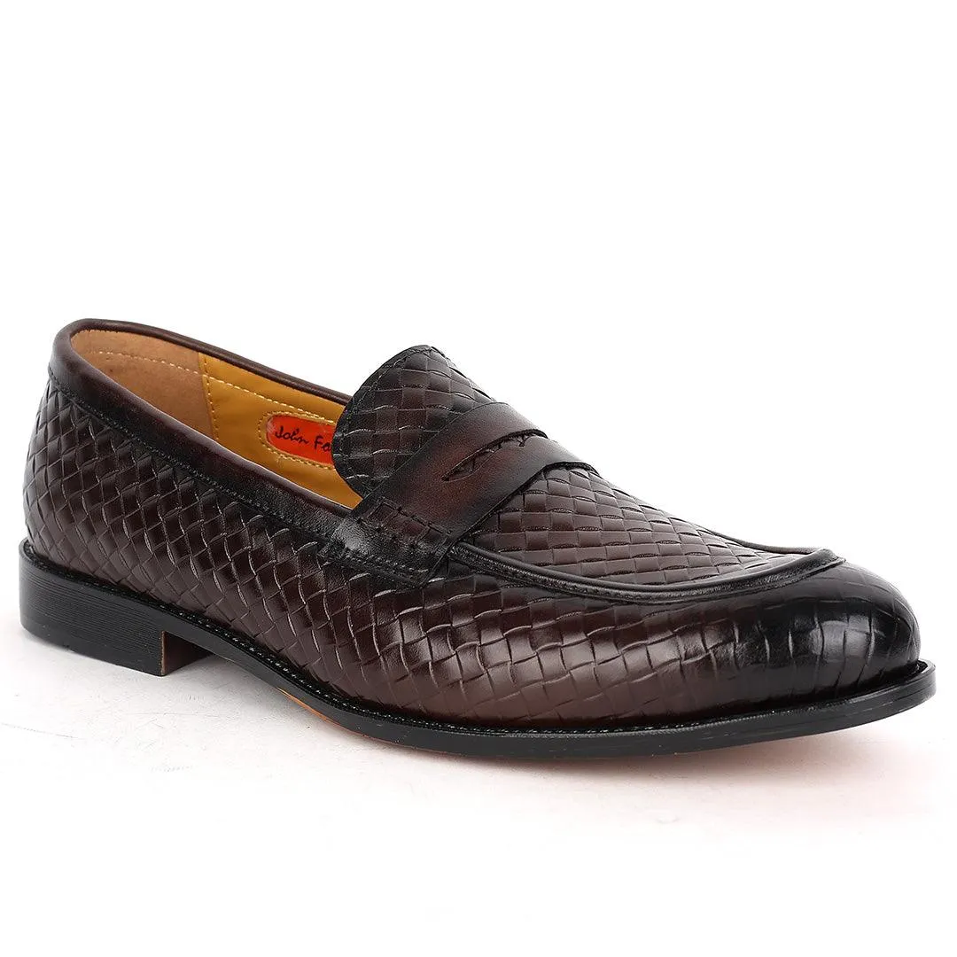 John Foster Exquisite Woven Leather Shoe with Belt Design-Coffee