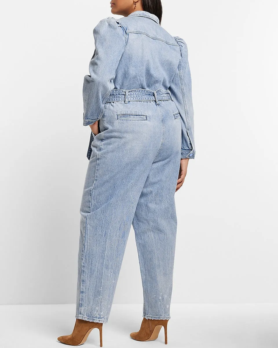 Puff Sleeve Tie Waist Medium Wash Denim Jumpsuit in Medium Wash