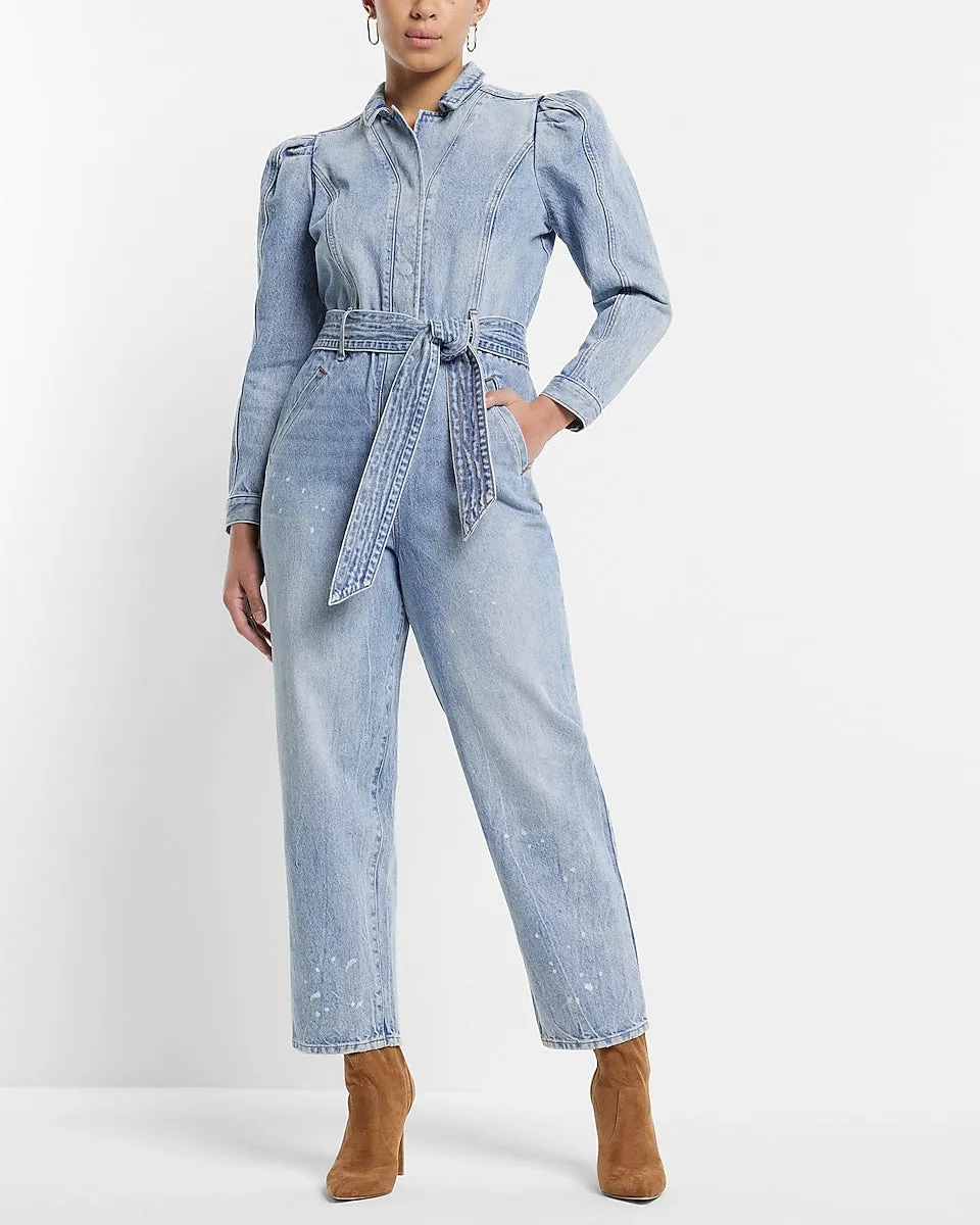 Puff Sleeve Tie Waist Medium Wash Denim Jumpsuit in Medium Wash