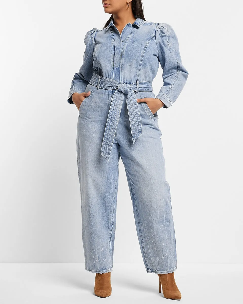 Puff Sleeve Tie Waist Medium Wash Denim Jumpsuit in Medium Wash