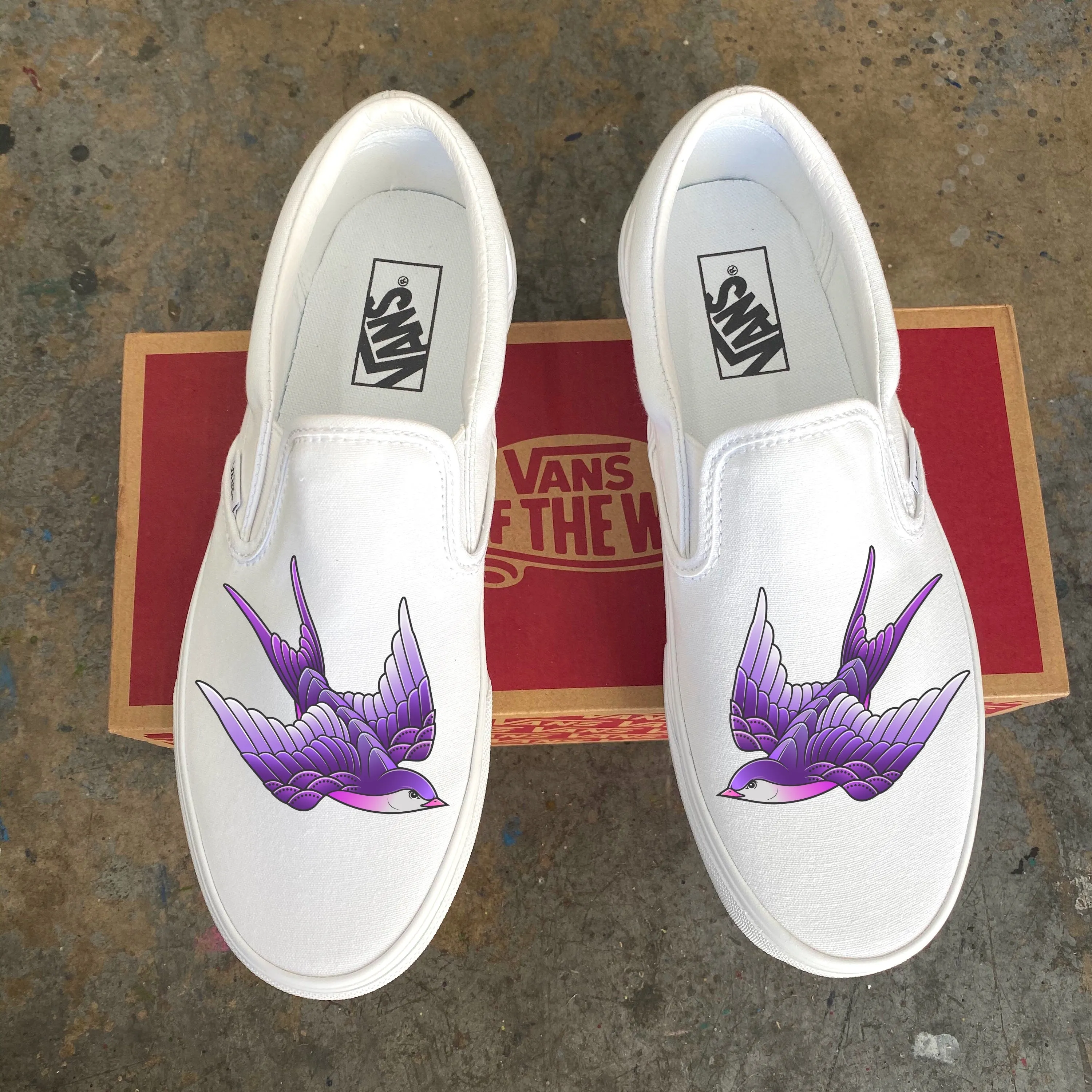 Purple Sparrow - White Slip Ons