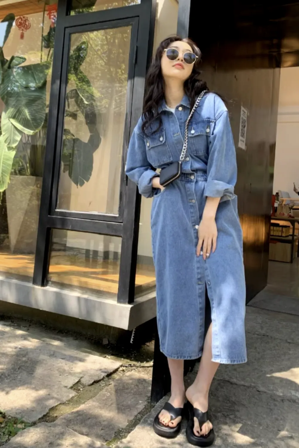 Womens Casual Chic Denim with Button-Down Front Long Dress